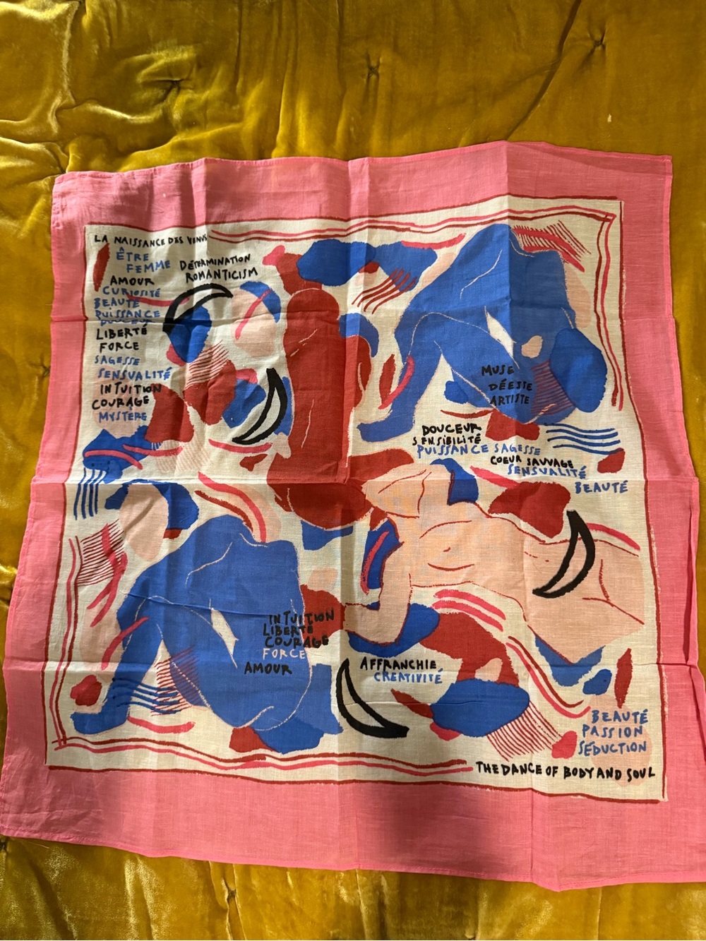 Sezane Pink Scarf with Blue and Red Abstract Figures